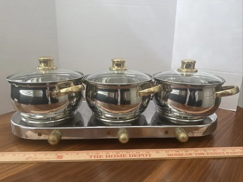 Command Performance Stainless/ Gold Buffet Cookware Set 3 Pots Lids & Warmer VTG